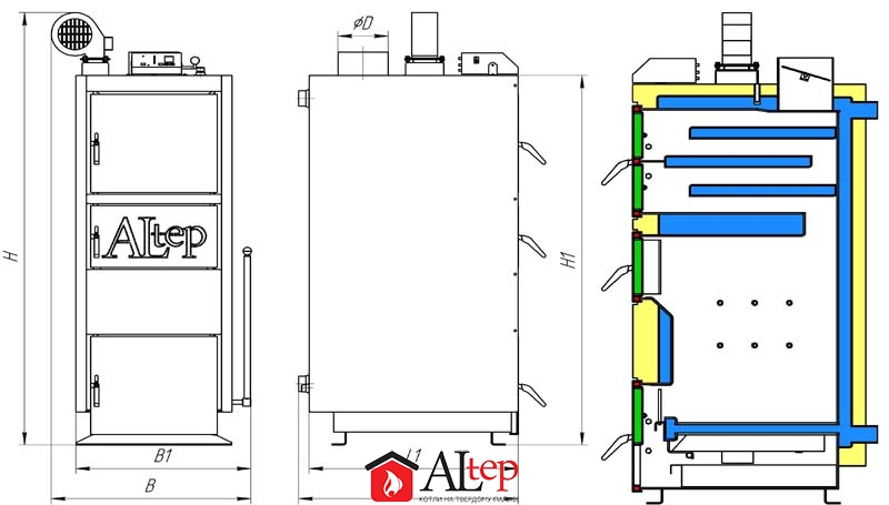 Габаритные размеры котла КТ-2ЕN 15-50 кВт