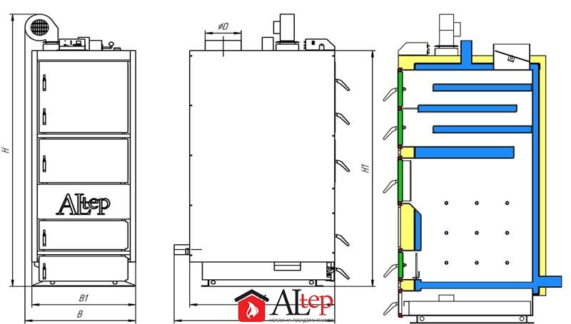 Габаритные размеры котла КТ-2ЕN 62-150 кВт Ссылка на источник: http://altep.ua/produkciya/kotel-kt-2en-15-150-kvt/